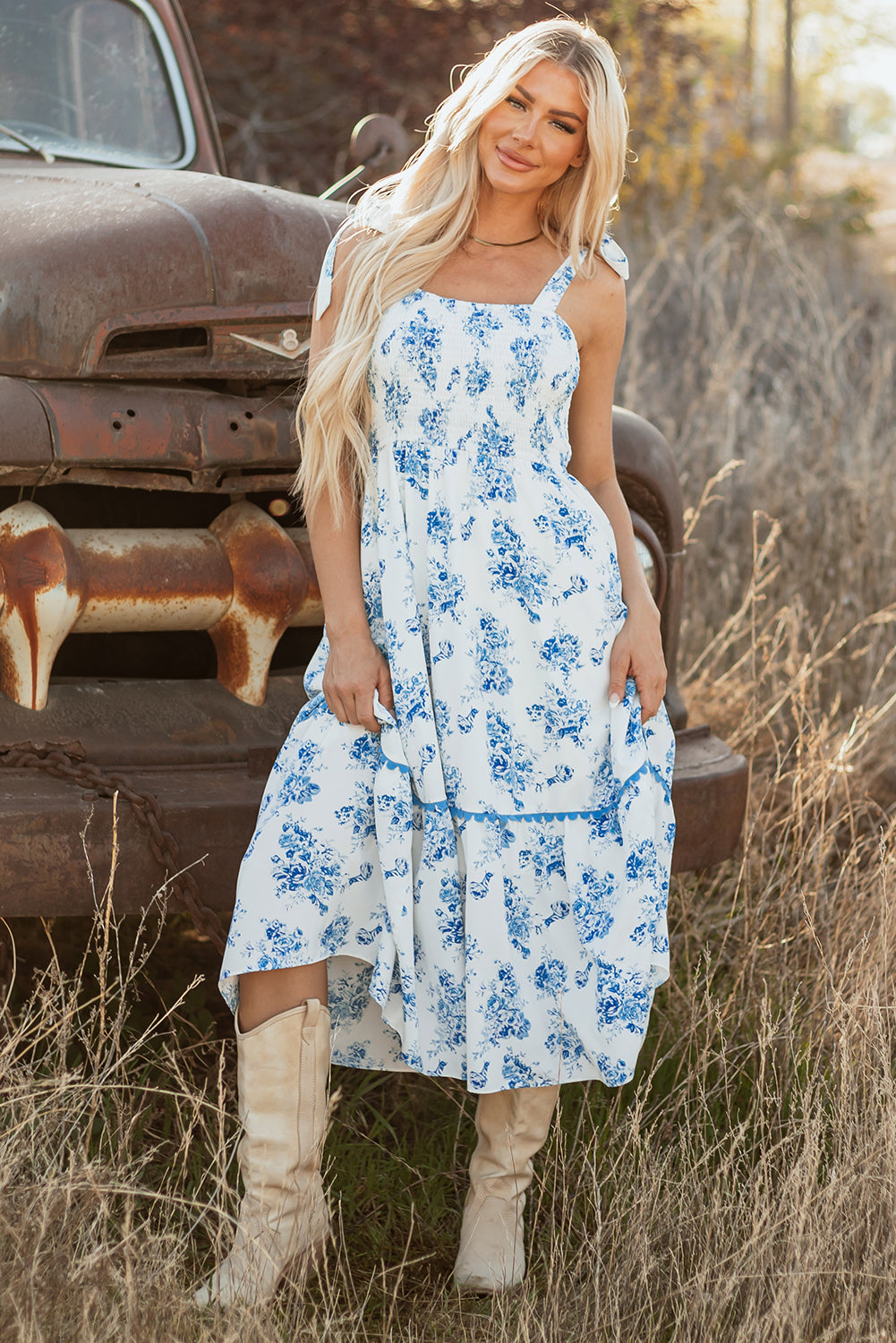 Sky Blue Floral Print Shirred Knot Shoulder Sleeveless Maxi Dress
