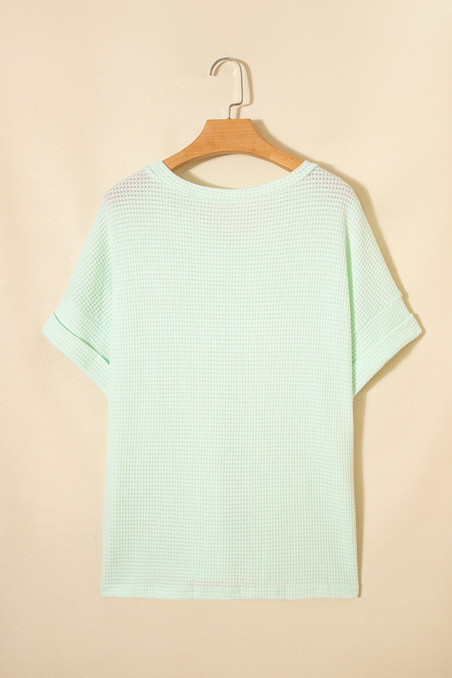 Waffle Knit V-Neck Short Sleeve Cuffed Top
