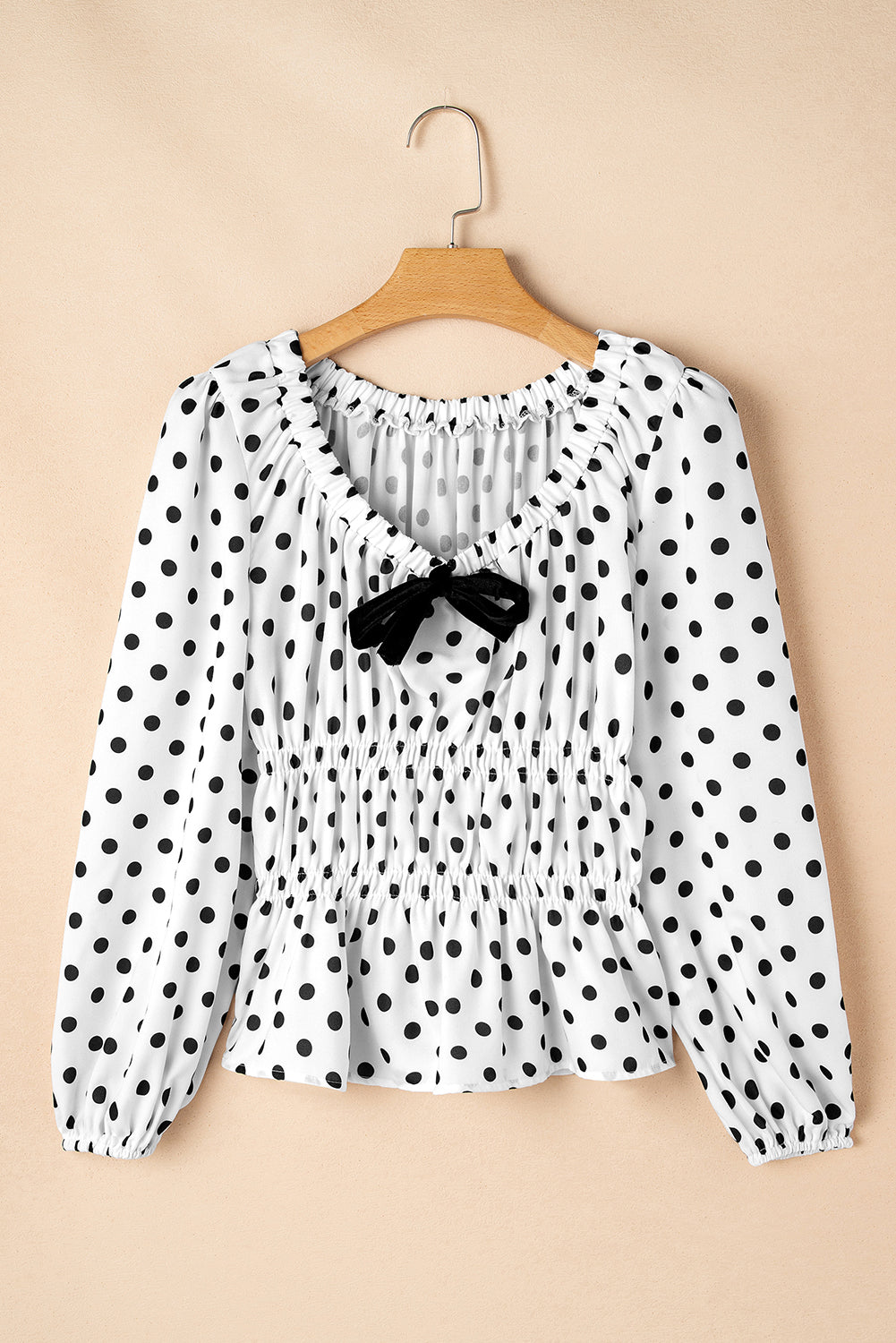 Black Polka Dot Puff Sleeve Bow Square Neck Peplum Top – Women's Figure-Flattering Dressy Top (S–XL)
