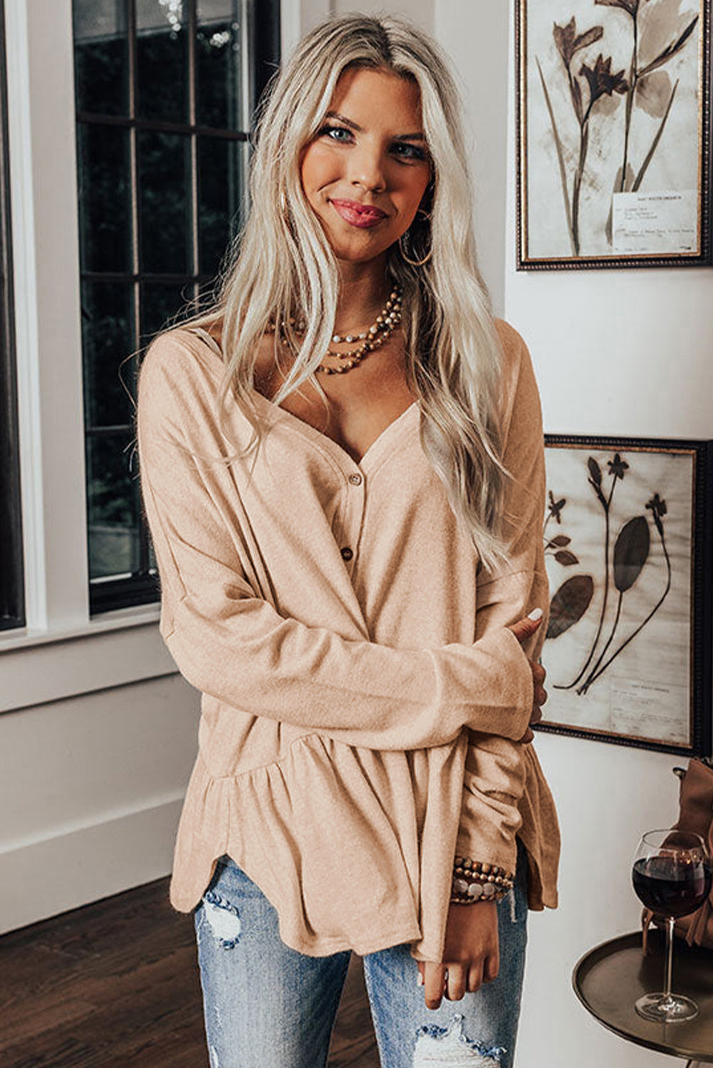 Beige Ruffled Hem Buttoned V-Neck Long Sleeve Shirt