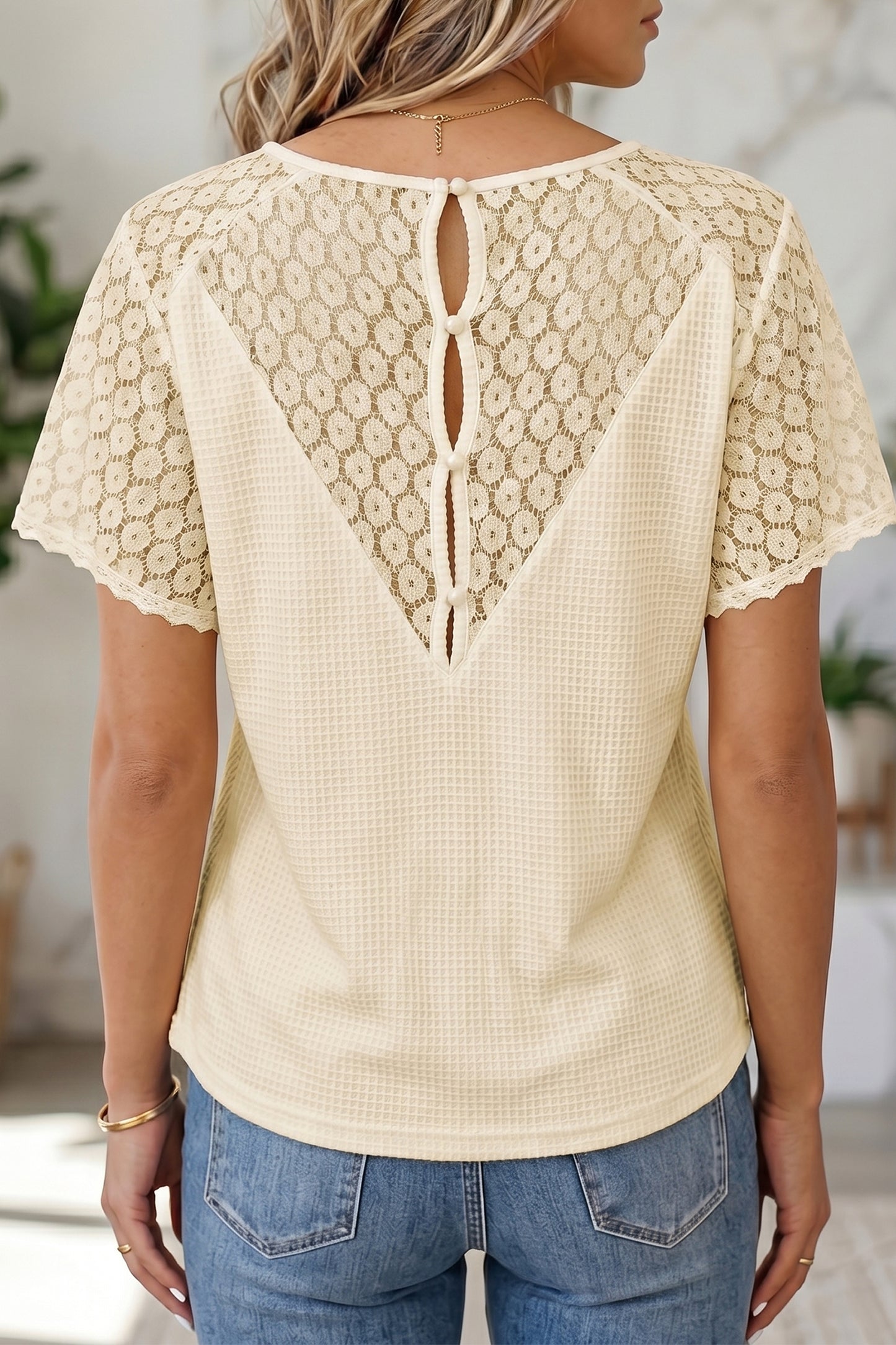 Womens Lace Trim Waffle Knit V Neck Top S–XL