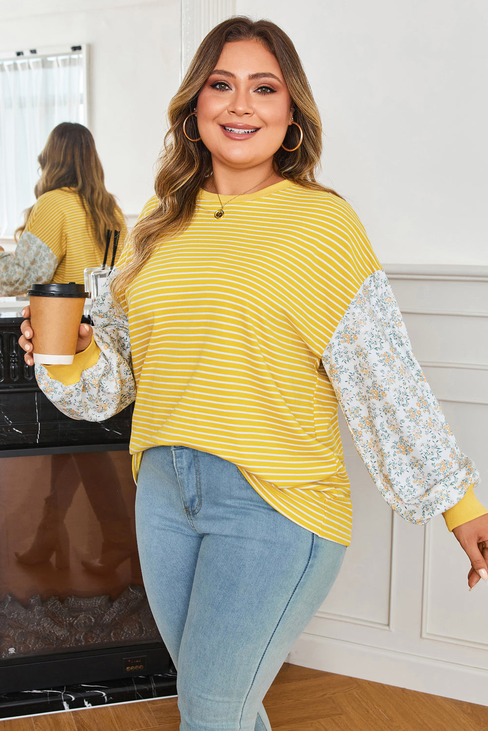 Striped Contrast Floral Sleeve Patchwork Top | Plus Size | Yellow Stripe | 1X–4X