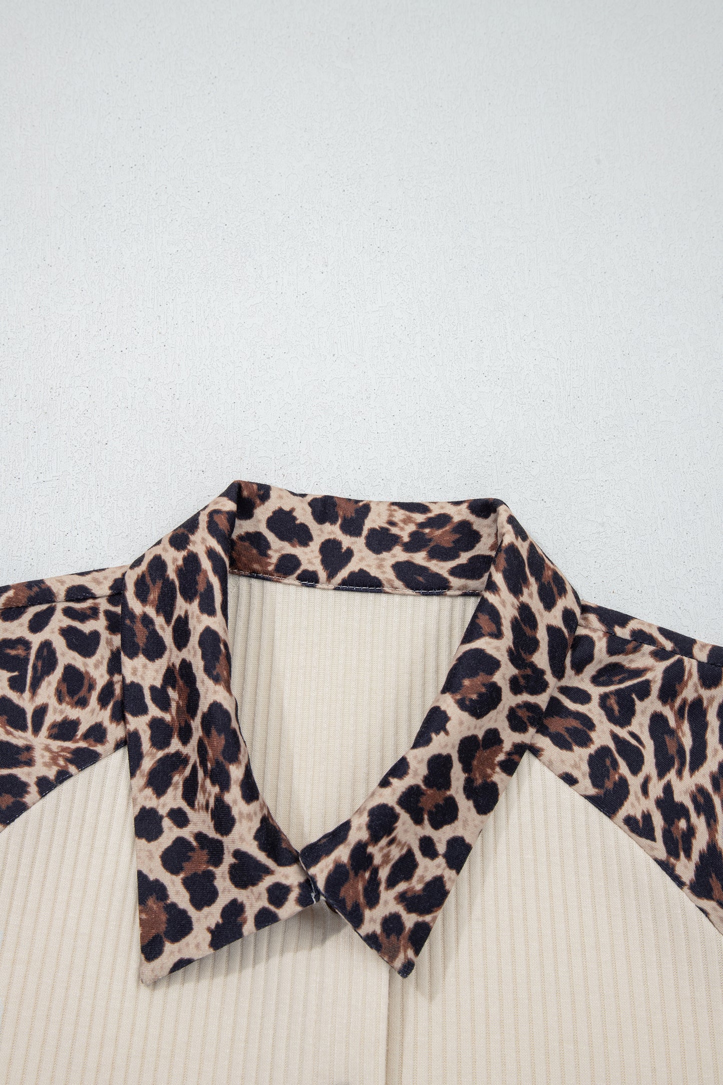 White Ribbed Leopard Patchwork Short Sleeve Shirt | Women S–XL