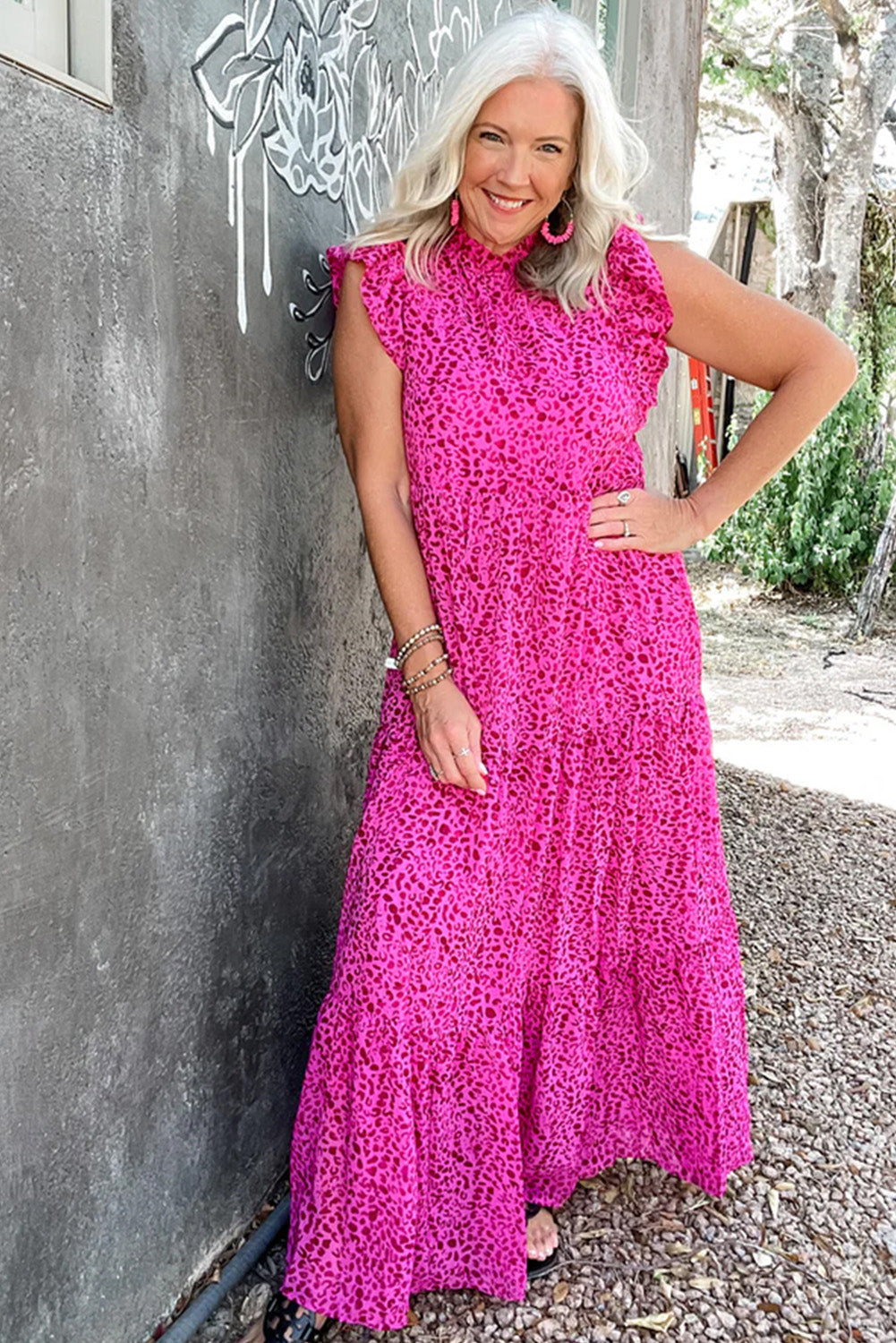 Rose Red Leopard Print Ruffled Trim Flutter Sleeve Frilled Neck Tiered Maxi Dress