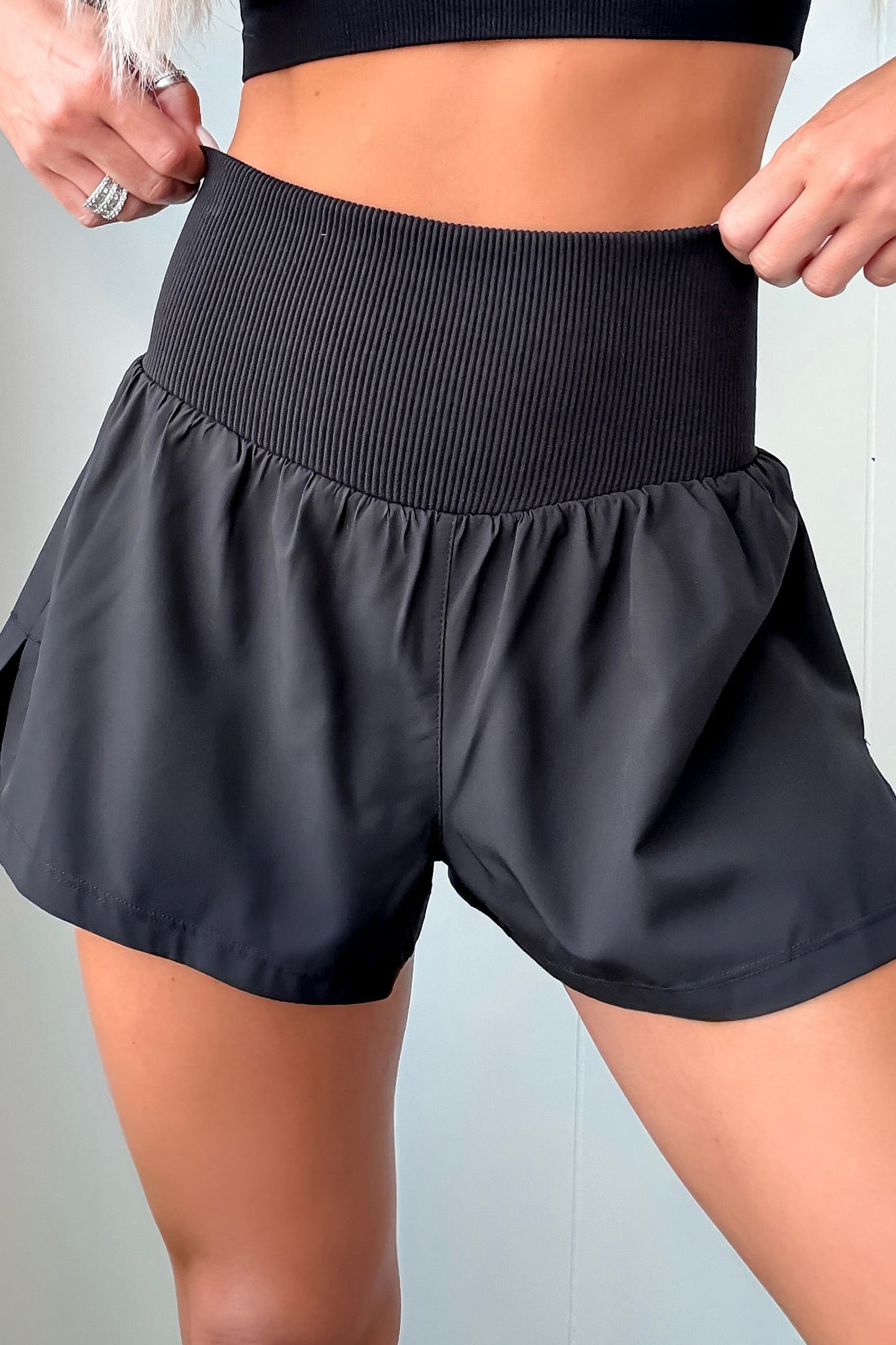 Ribbed Patchwork High Waist Athletic Shorts | Black & White | S–XL