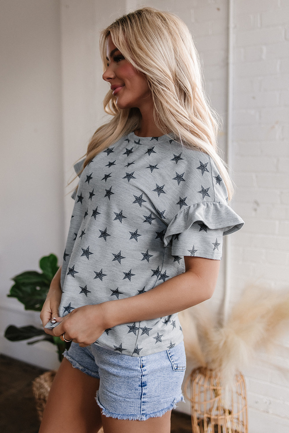 Star Print Tiered Ruffled Sleeve Crew Neck Top – Women's Whimsical Casual Tee (S–XL)