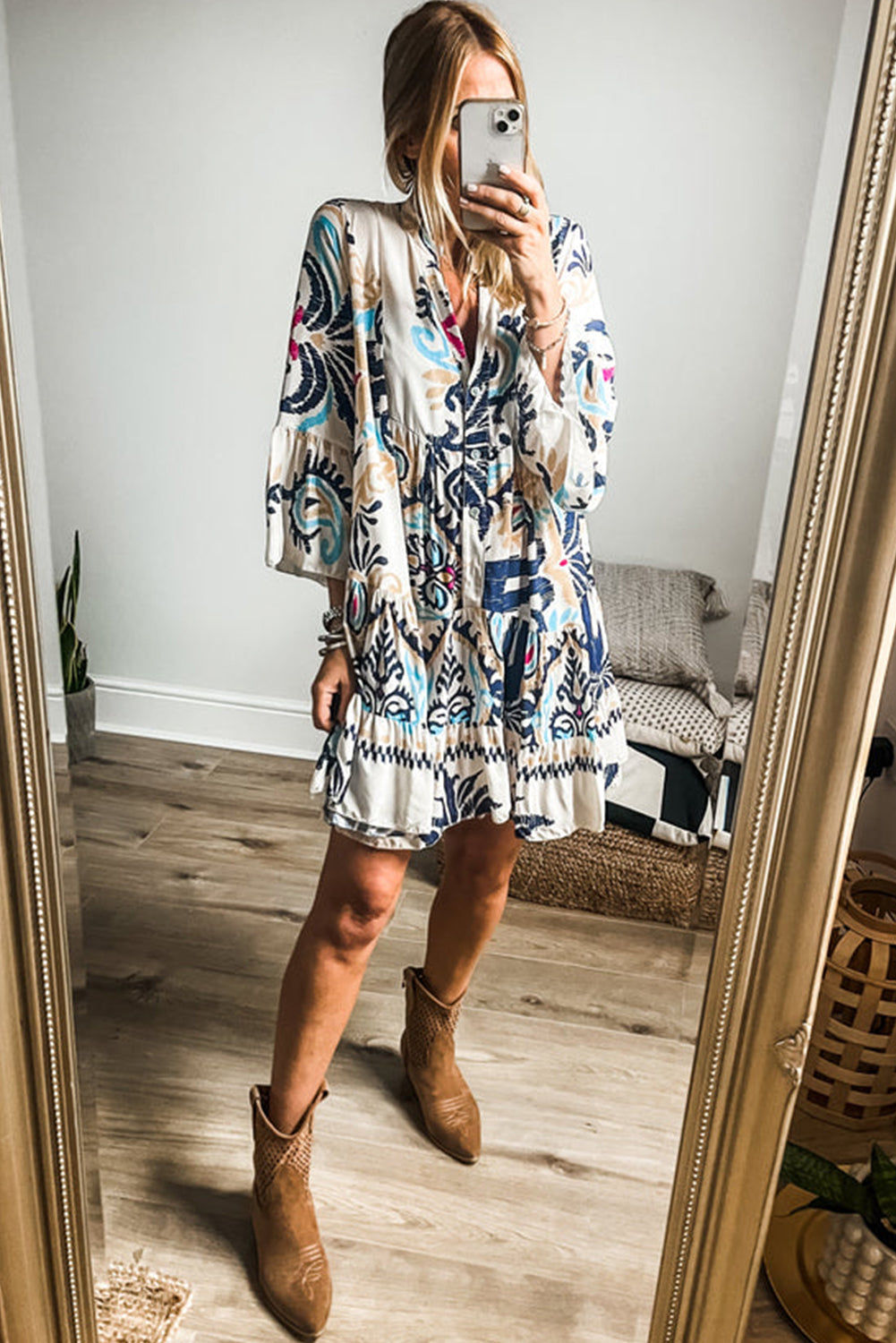 White Tribal Print Bracelet Sleeve Buttoned Mini Dress | S–XL