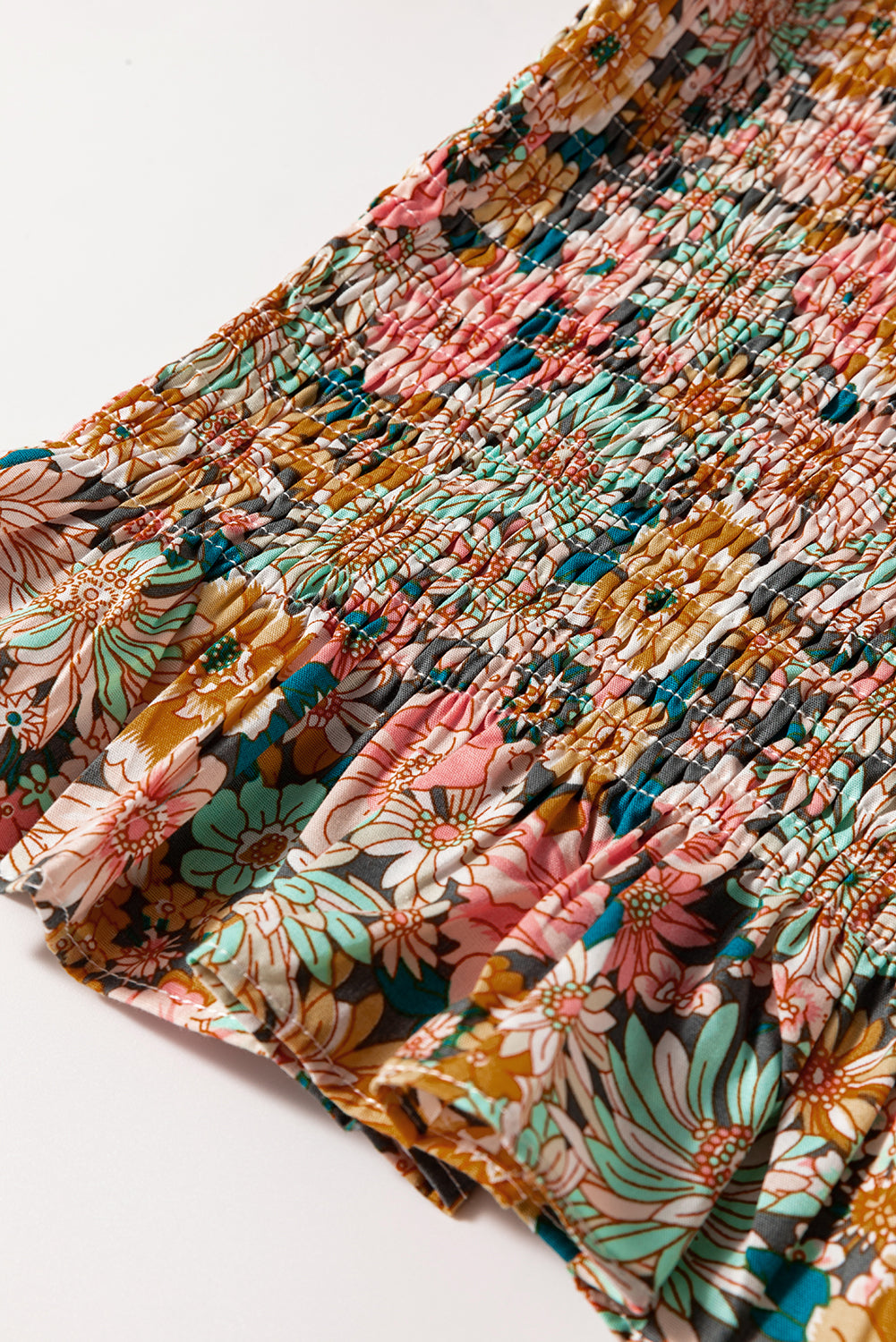 Multicolor Floral Print Smocked Bubble Sleeve Ruffled Crop Top