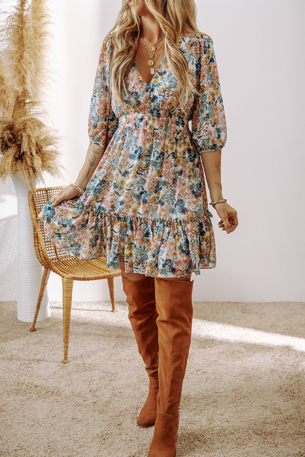 Floral 3/4 Sleeve V-Neck High Waist Ruffled Dress – Sky Blue Women S–XL
