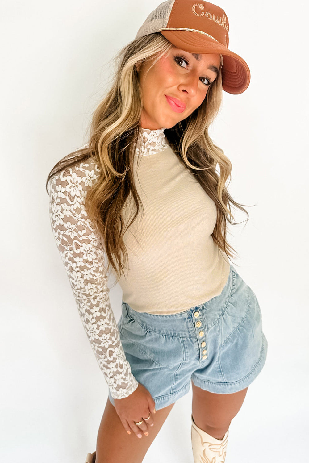 Floral Lace Patchwork High Neck Long Sleeve Slim Top | Beige
