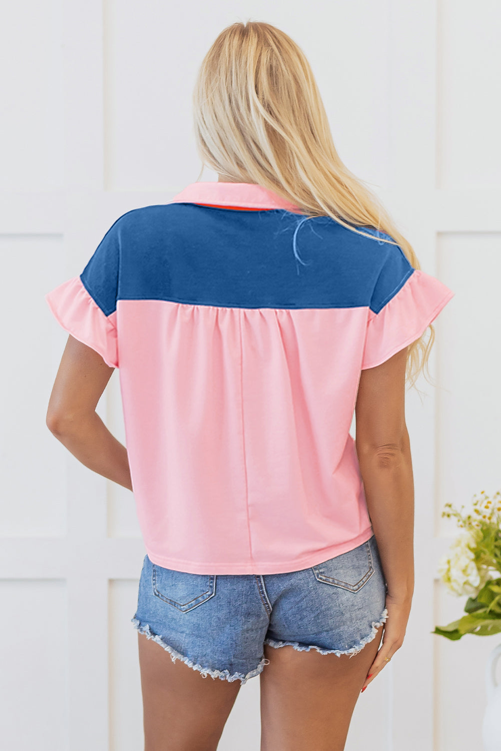 Color Block Half Button Ruffle Cap Sleeve Top | Pink | S–XL