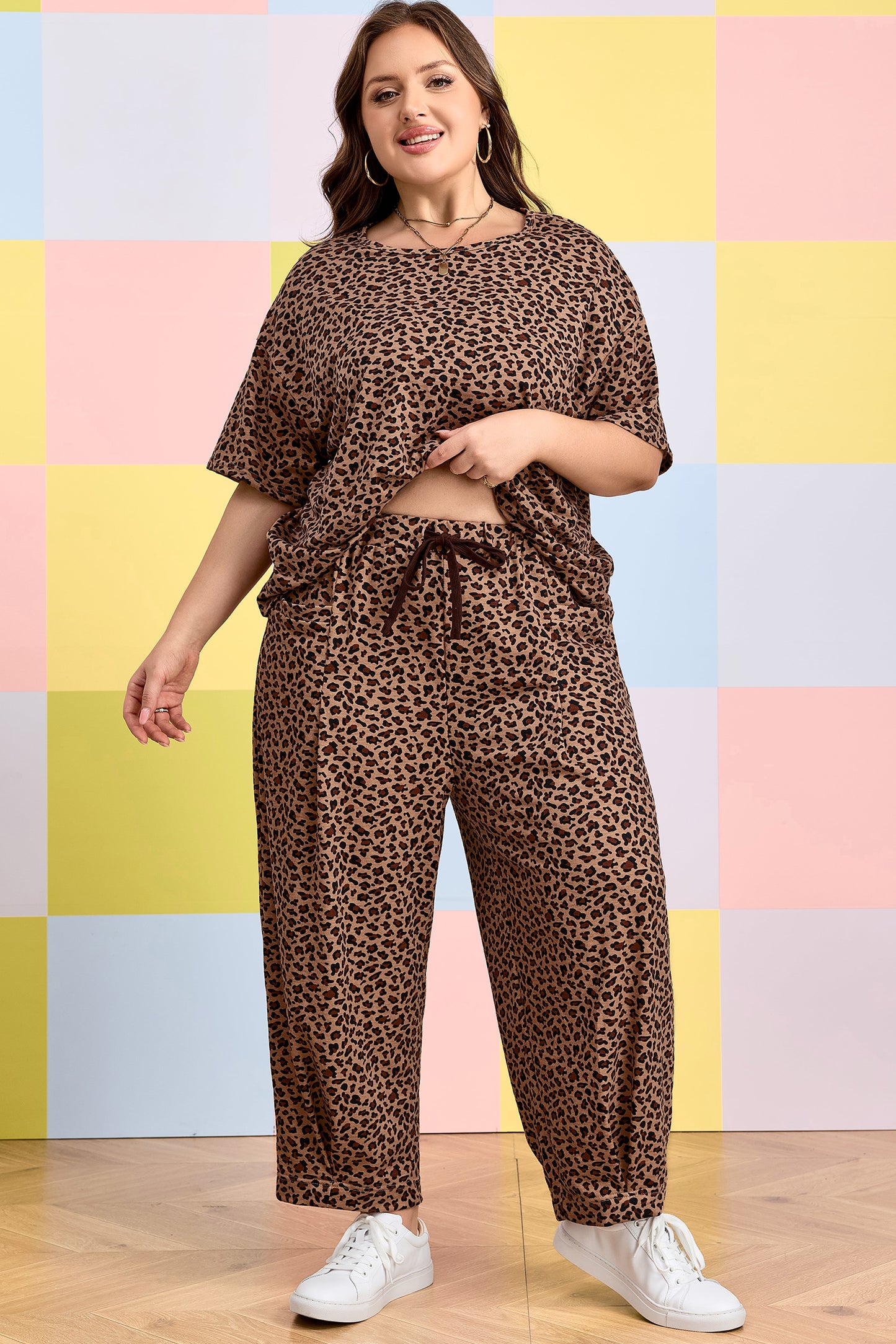 Plus Size Leopard Print Loose Top and Pleated Pants Set Women 1X–4X