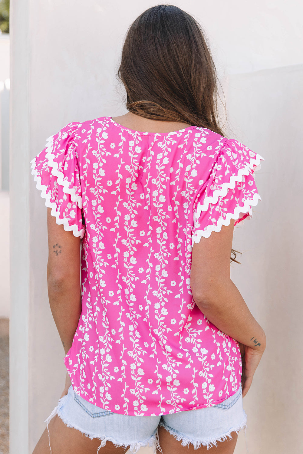 Pink Floral Print Ricrac Trim Tiered Ruffle V-Neck Blouse – Women's Charming Feminine Top (S–XL)
