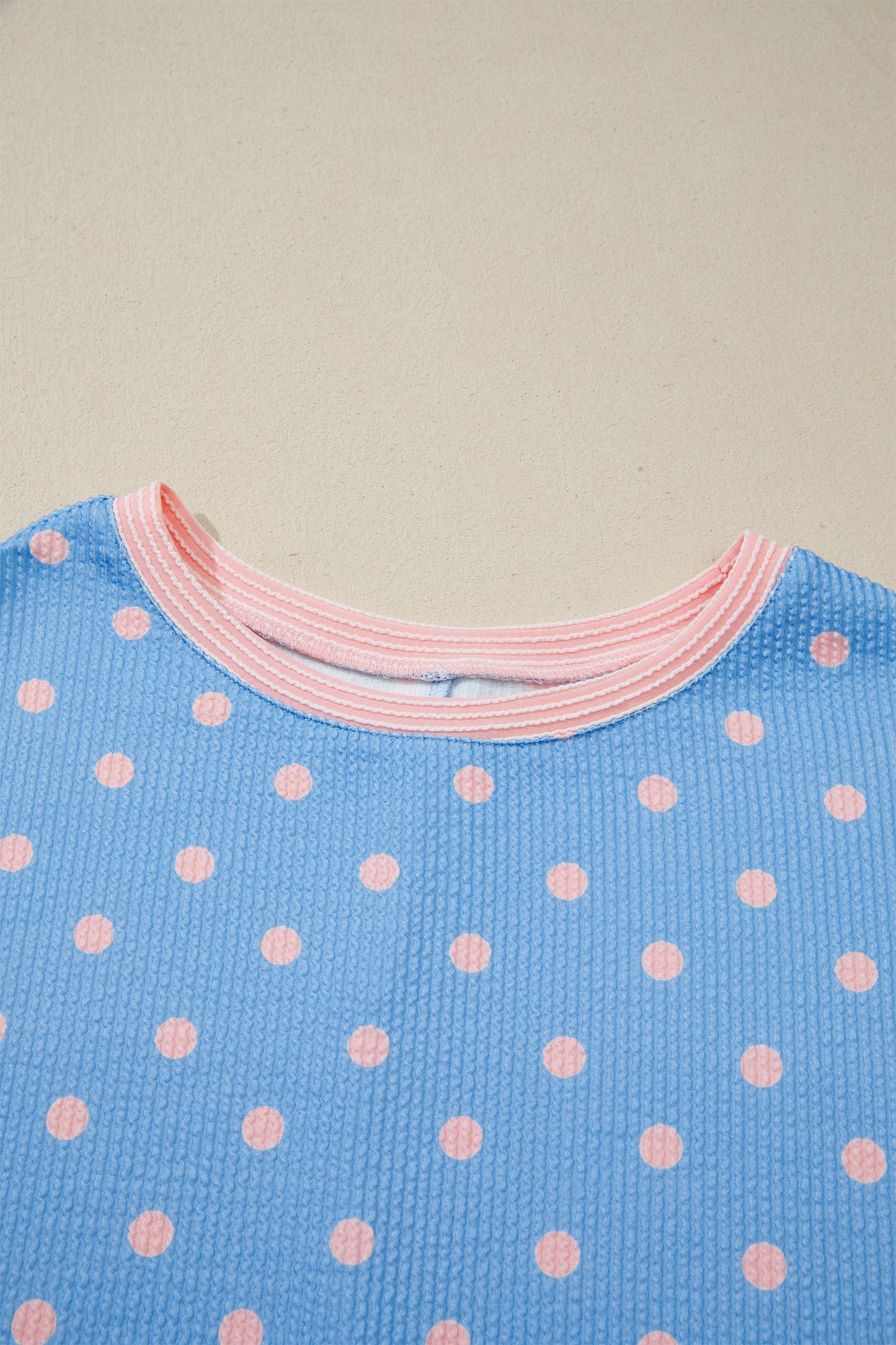 Light Blue Polka Dot Ribbed Short Sleeve Top Women S–XL