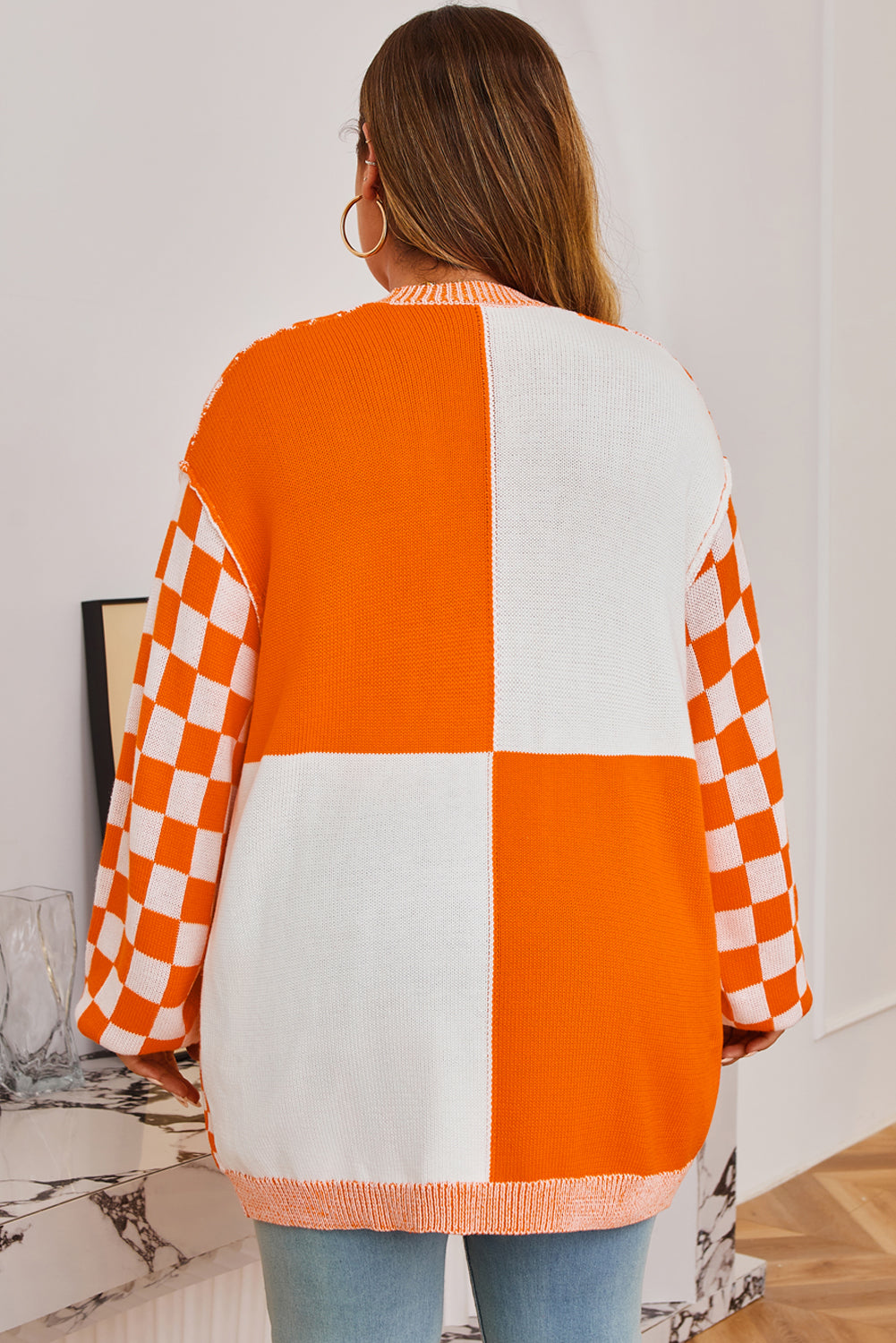 Plus Size Checkered Bubble Sleeve Open Cardigan Women 1X–4X