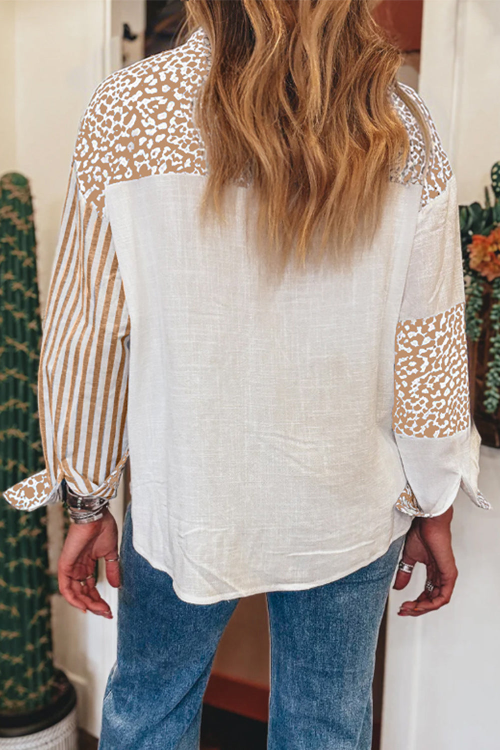 Leopard Stripe Patchwork Button Front Pocket Western Shirt