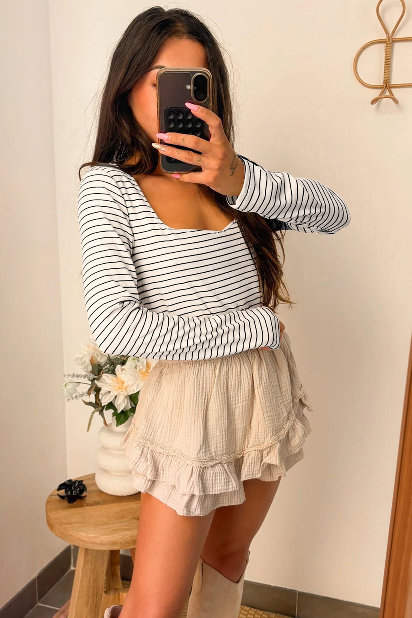 Striped Square Neck Long Sleeve Top