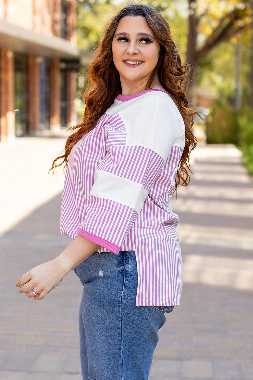 Stripe Patchwork Bracelet Sleeve T-Shirt | Plus Size | Pink Stripe | 1X–3X
