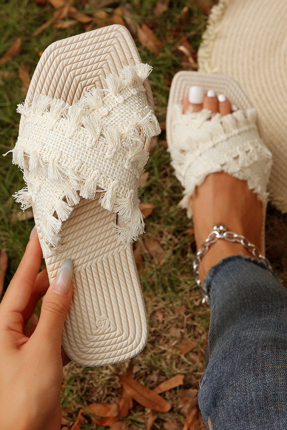 Beige Tassel Woven Crisscross Strap Flat Bohemian Sandals