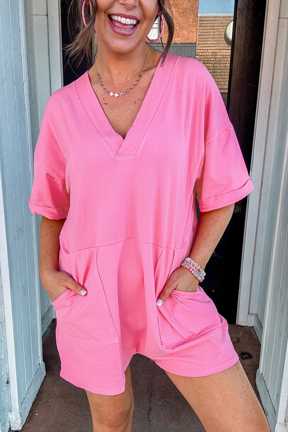 Pink Loose Half Sleeve V Neck Romper
