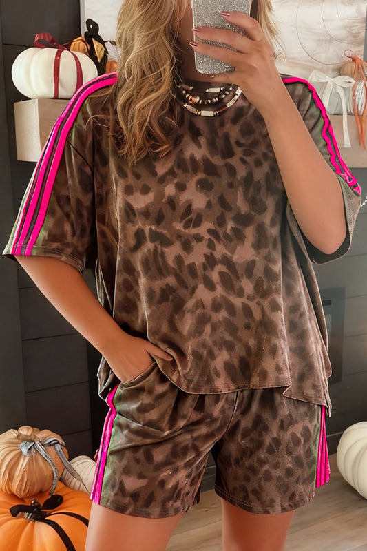 Brown Contrast Stripe Leopard Print Tee Shorts Set