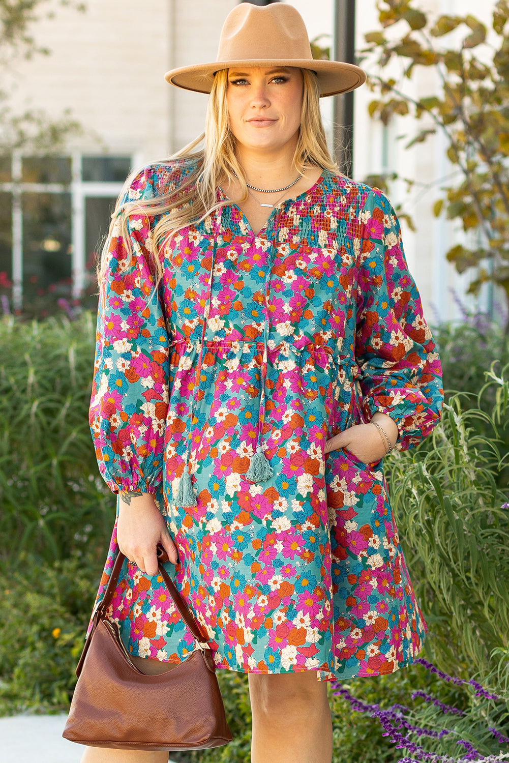 Multicolour Floral Print Shirred Ruffle Tiered Plus Size Mini Dress