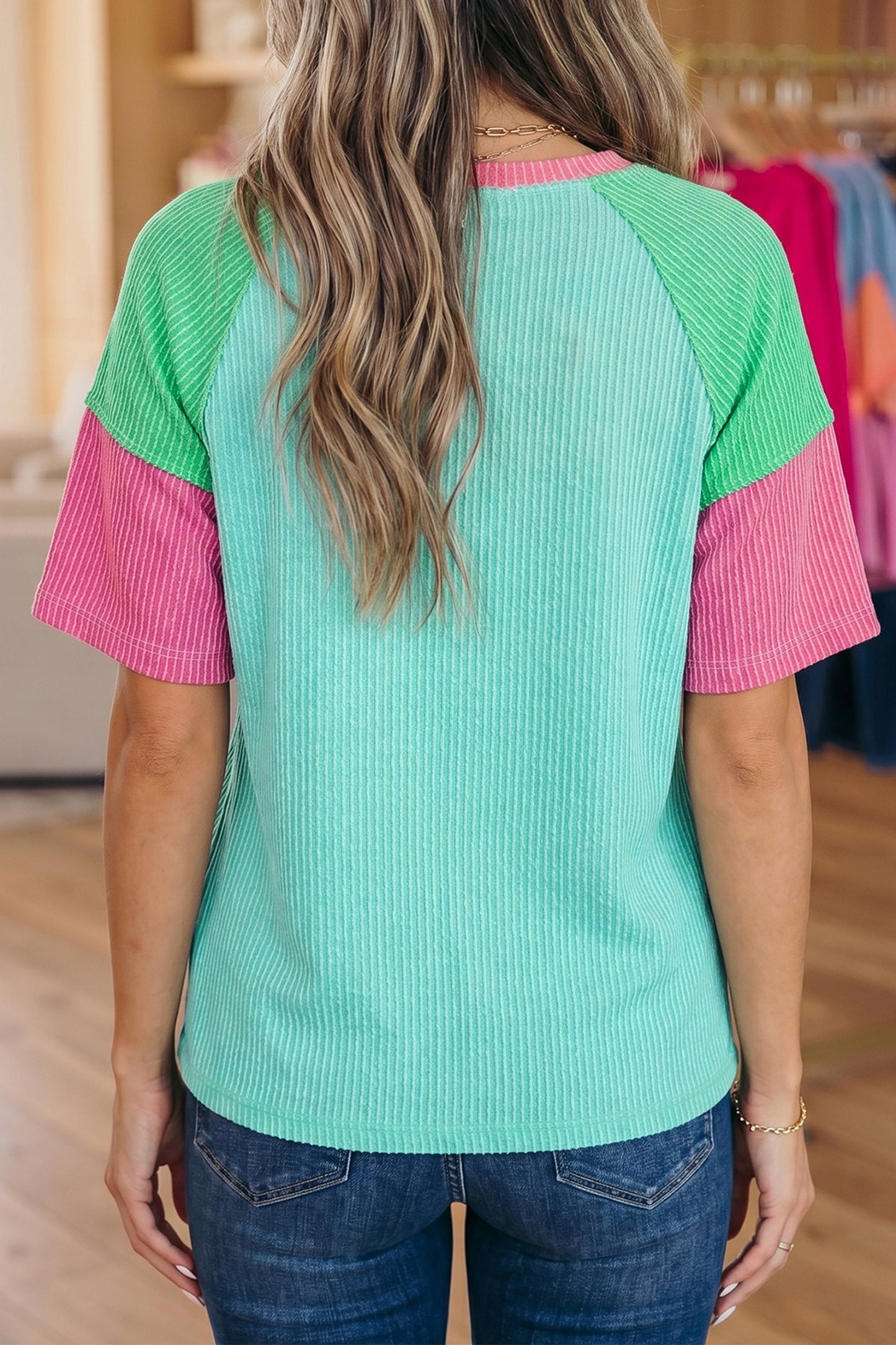 Women's Color Block Twisted Ribbed Tee | Blue & Pink | S–XL