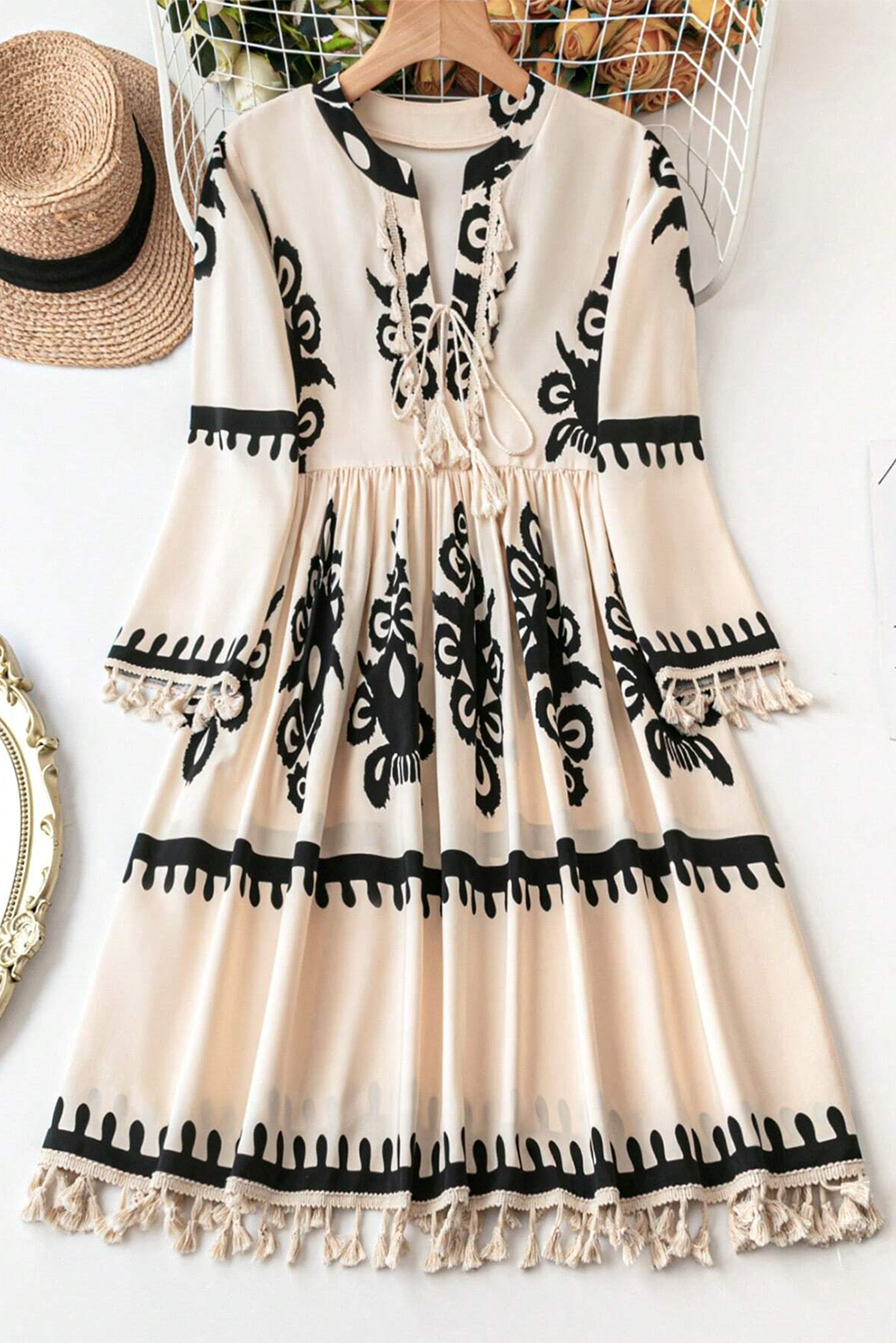Western Pattern Print Tasseled V-Neck Mini Dress – Beige Women S–XL