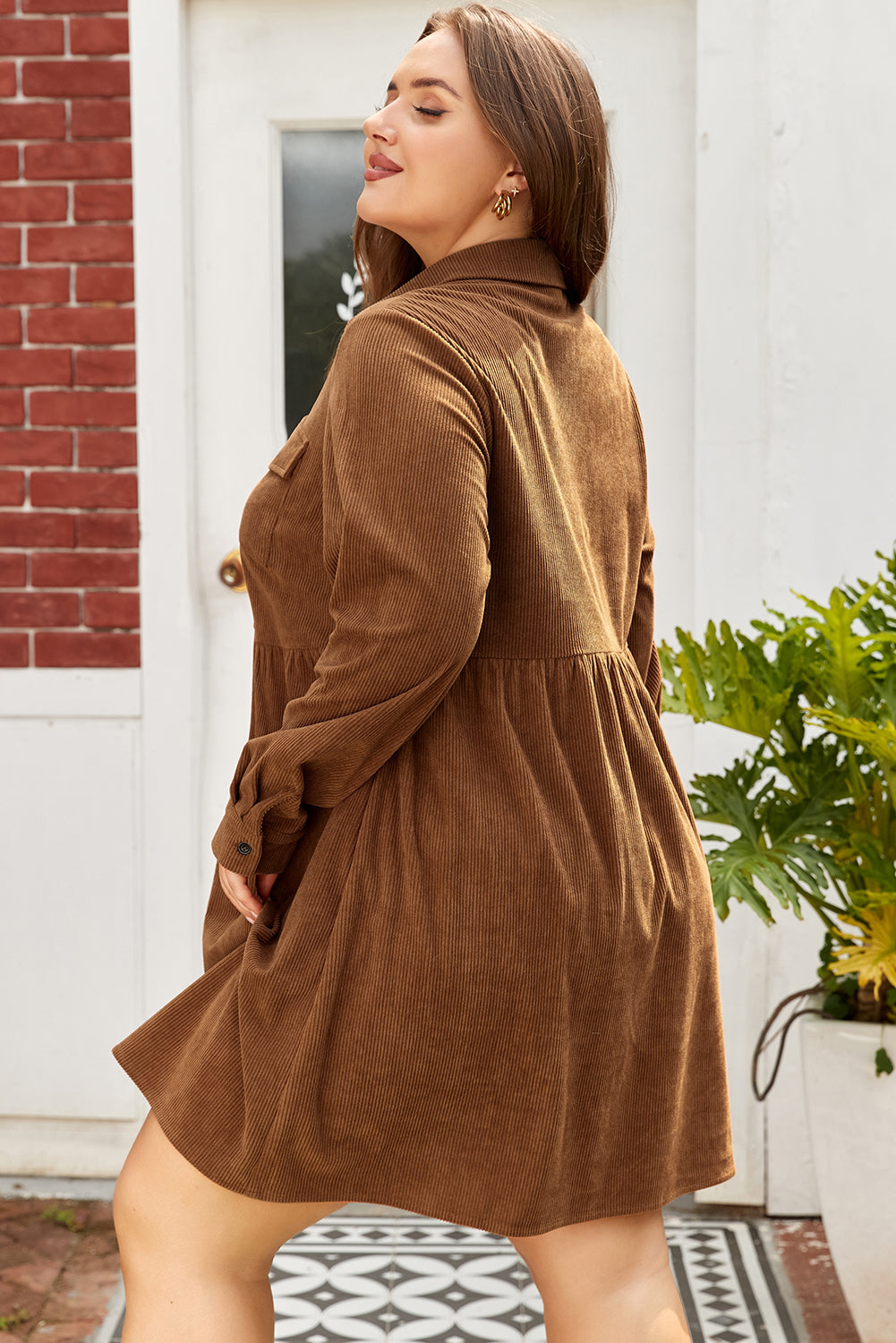 Plus Size Brown Corduroy Peplum Dress Women 1X–4X