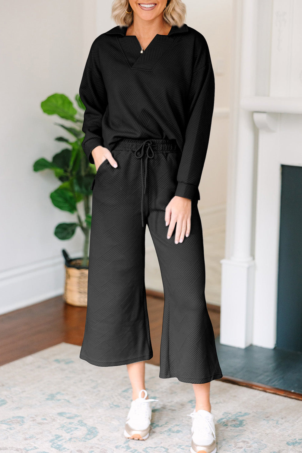 Textured V-Neck Collared Top Ankle-Length Wide Leg Pants Set
