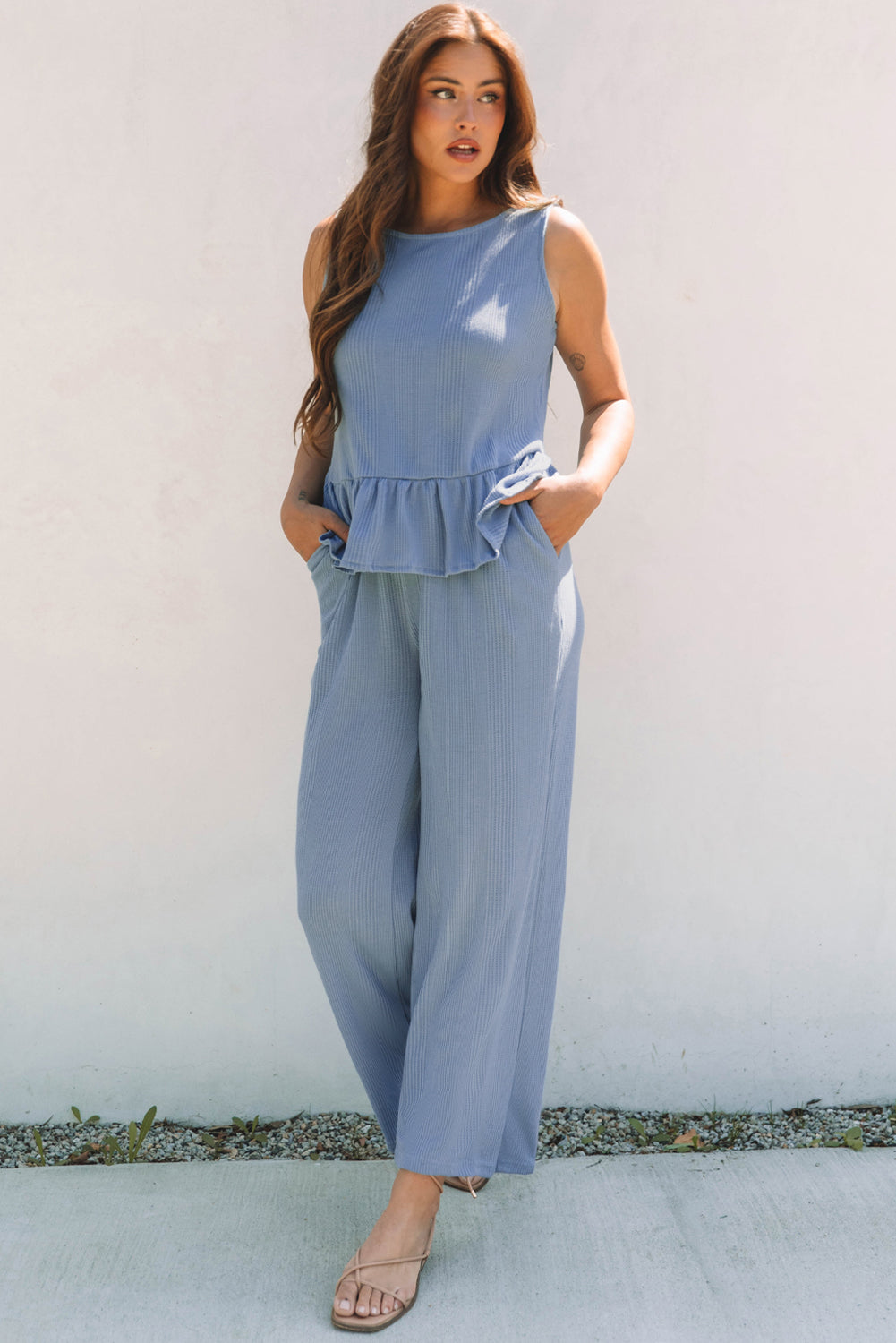 Ribbed Ruffle Hem Tank Top & Pants Set