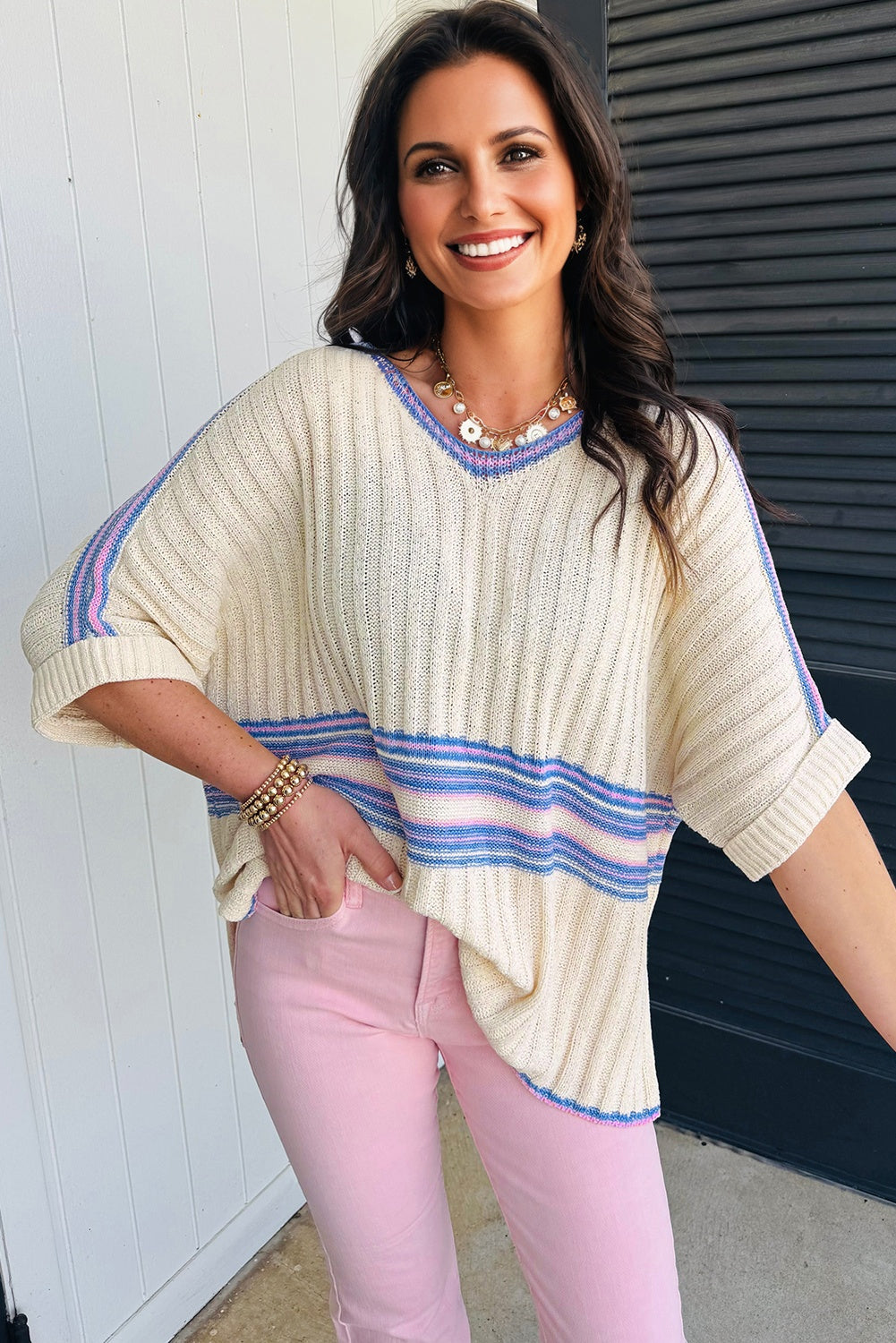 White Contrast Striped V-Neck Dolman Sleeve Ribbed Knit Oversized Tunic Sweater with Side Slits
