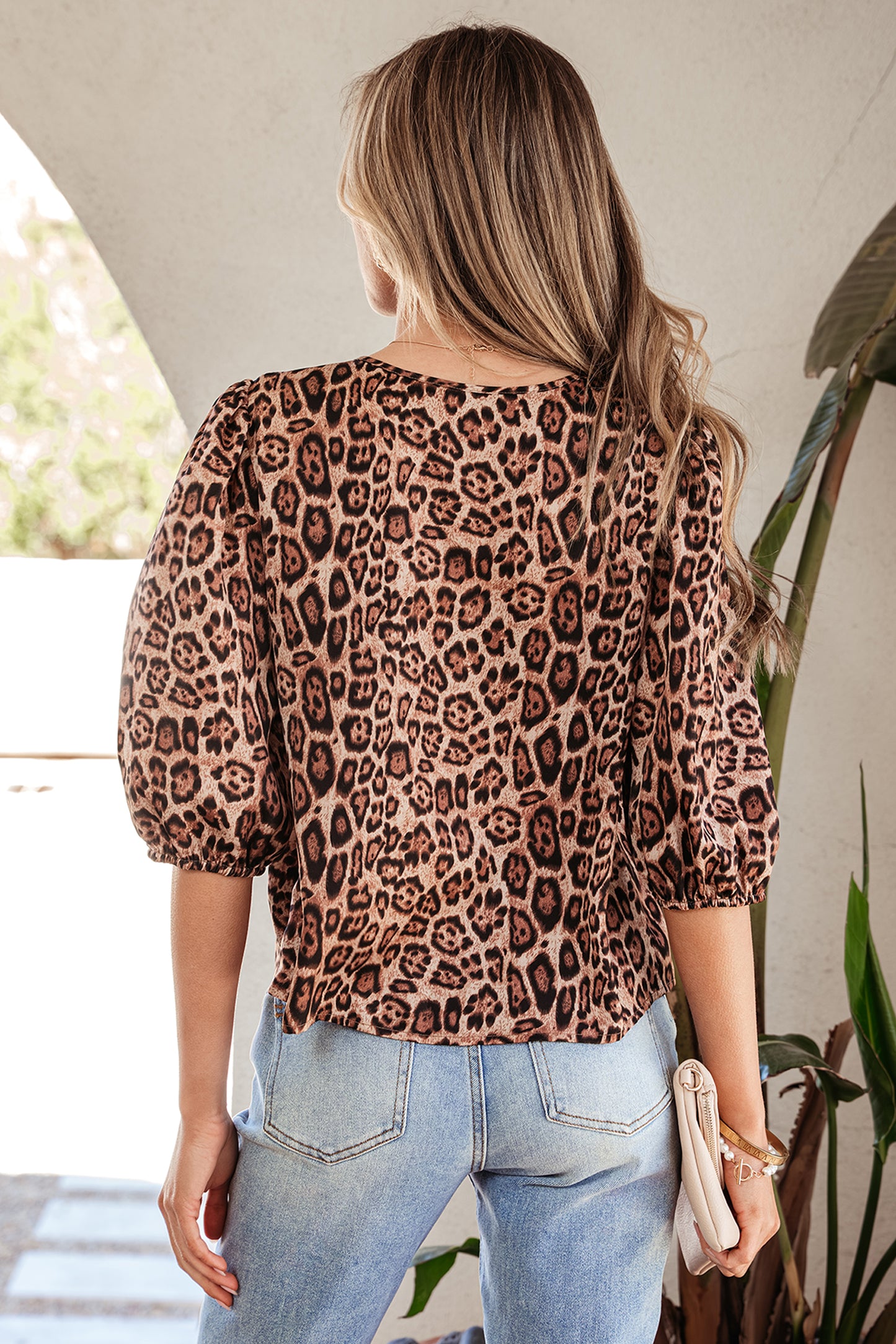 Brown Leopard Print Bow Tie Puff Sleeve Blouse