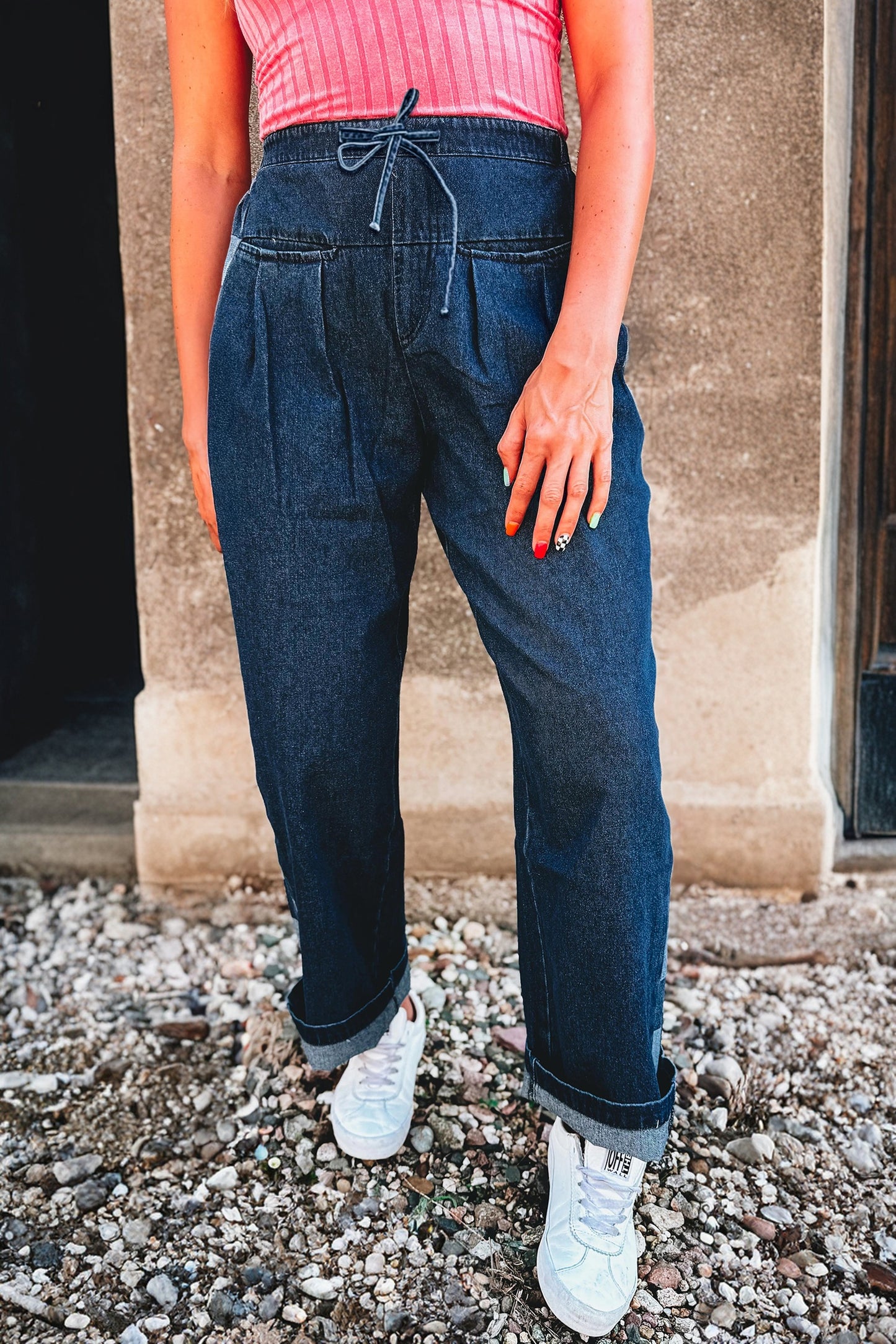 Checkered Side Panel Drawstring Loose Denim Pants – Women Sizes 4–16