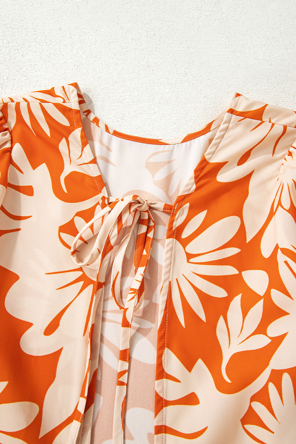 Orange Floral Print Knotted Open Back Self-Tie Long Sleeve Blouse