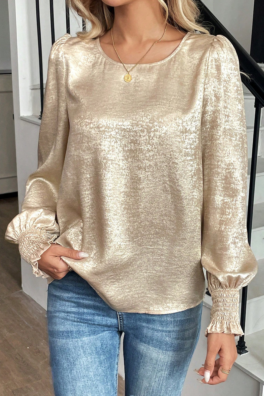 Metallic Shimmer Smocked Balloon Sleeve Blouse