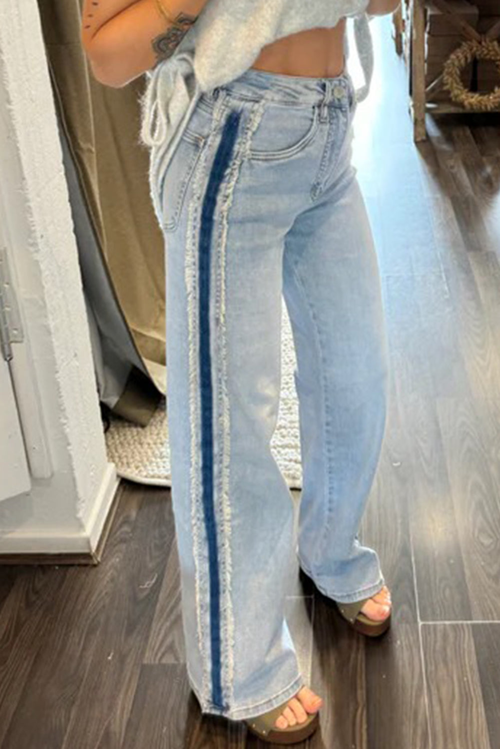 Blue Contrast Stripe Frayed Side Panel Patchwork Shift Jeans