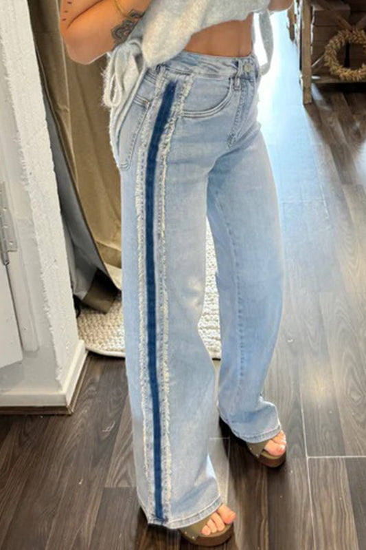 Blue Contrast Stripe Frayed Side Panel Patchwork Shift Jeans