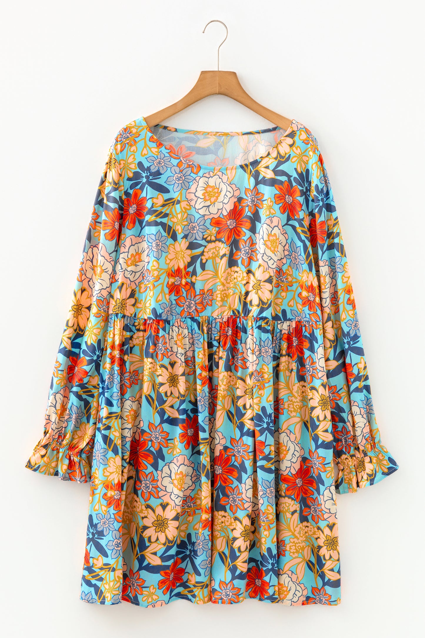 Plus Size Floral Flounce Sleeve Pleated Mini Dress in Blue