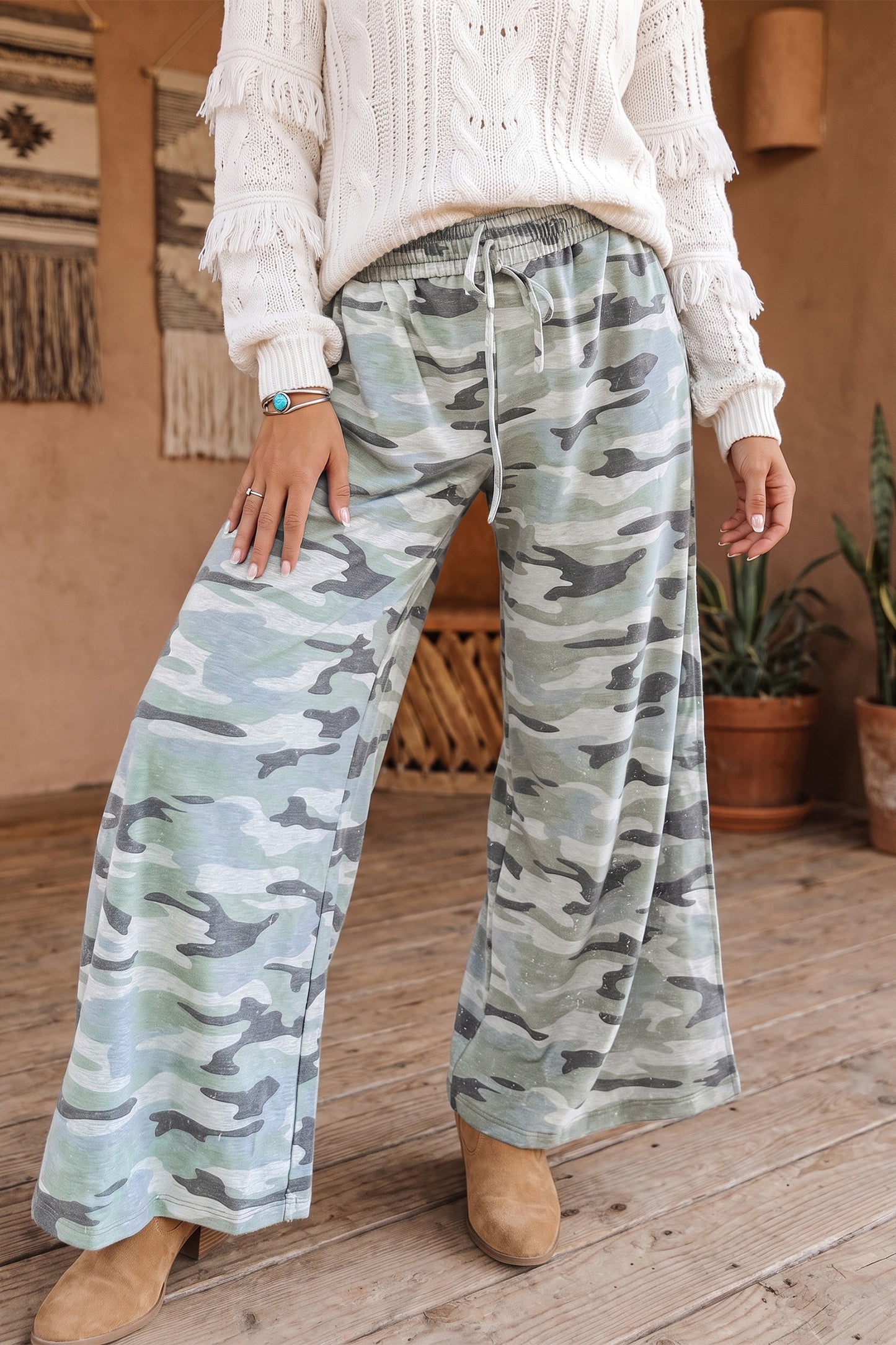 Women's Green Camo Wide Leg Drawstring Elastic Waist Pants S to XL