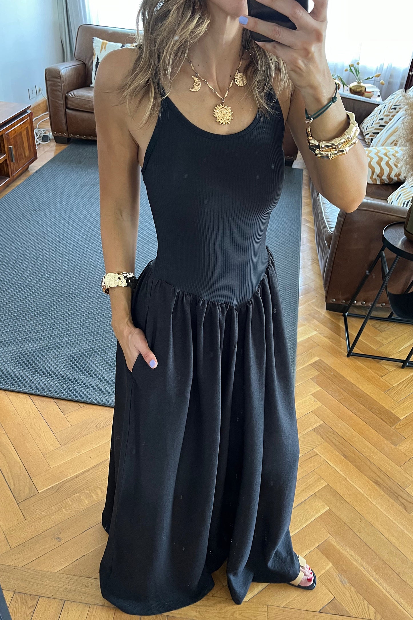 Black Ribbed Spaghetti Strap Maxi Dress Women S–XL