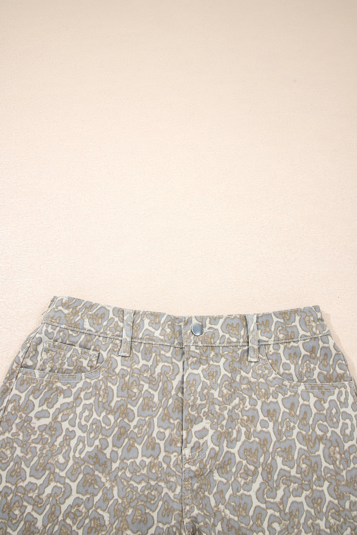 Leopard Print Raw Edge Denim Shorts | Khaki | US 4–16