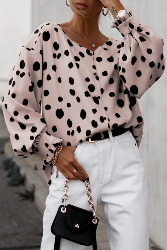 Blush Pink Polka Dot Puff Sleeve Frill Cuff Oversized Blouse