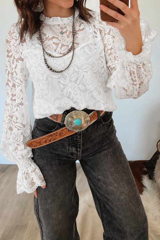 White Sheer Lace Ruffle Sleeve Blouse Women S–XL