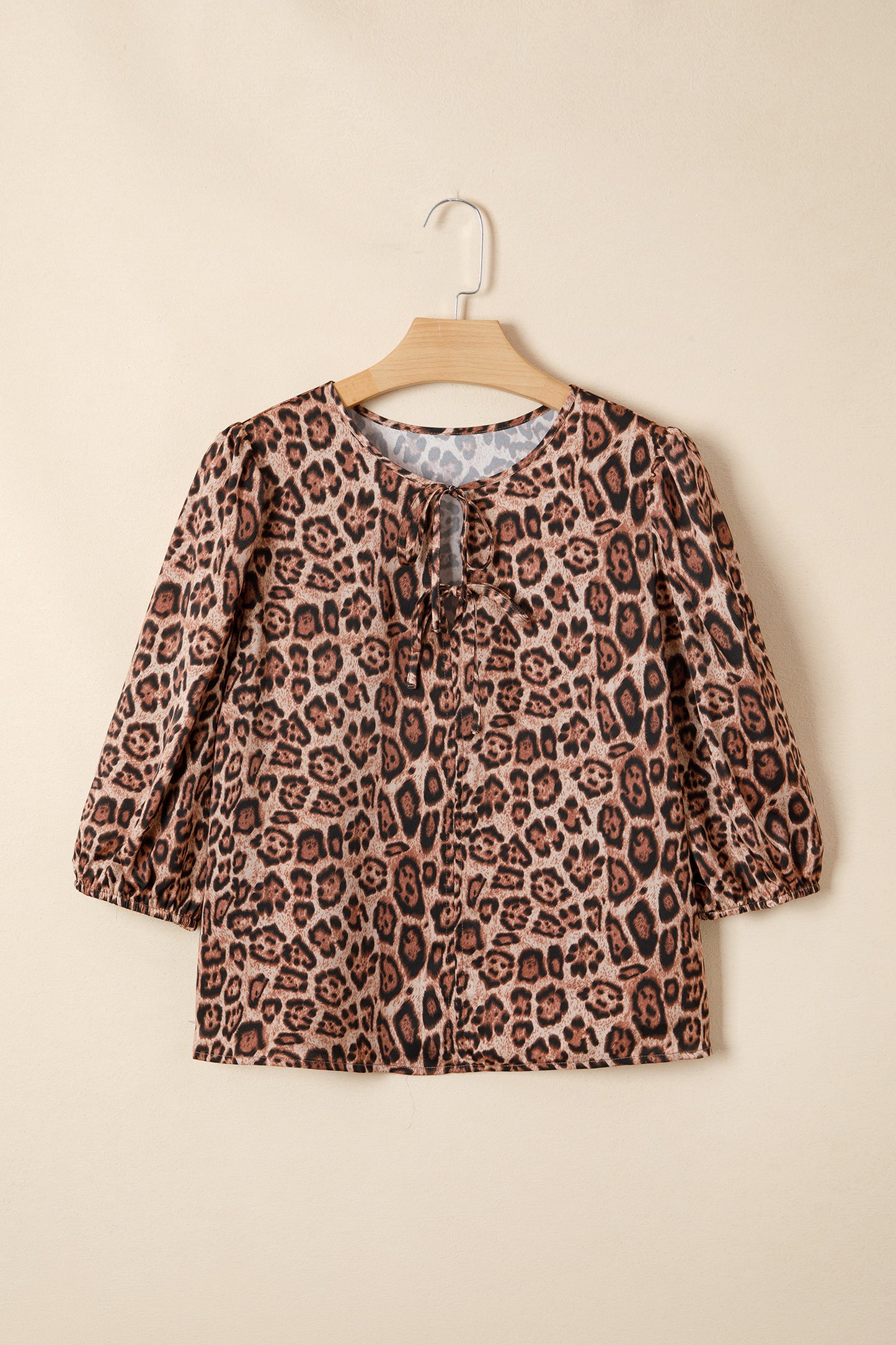 Brown Leopard Print Bow Tie Puff Sleeve Blouse