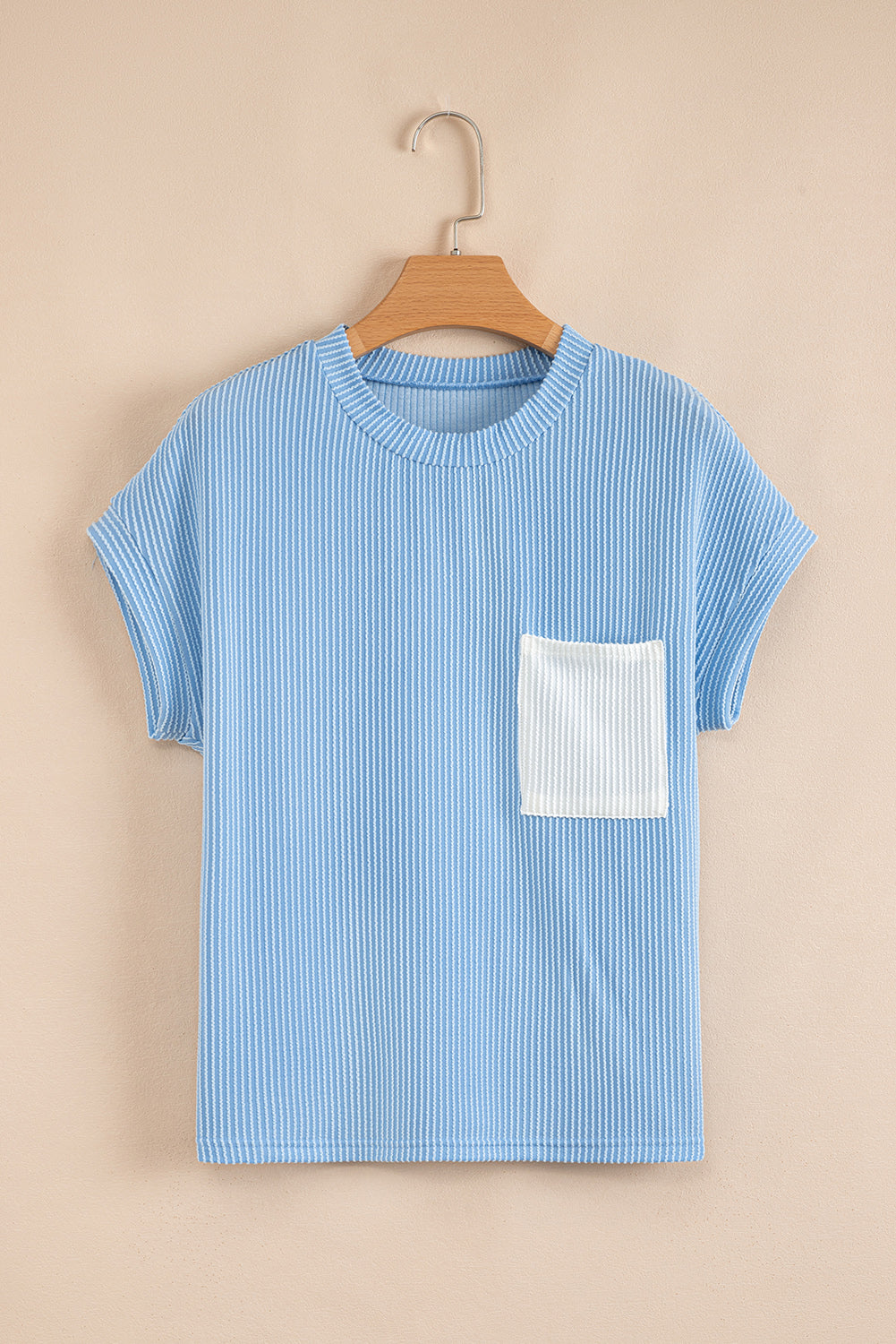 Corded Knit Color Block Pocketed Crew Neck Tee