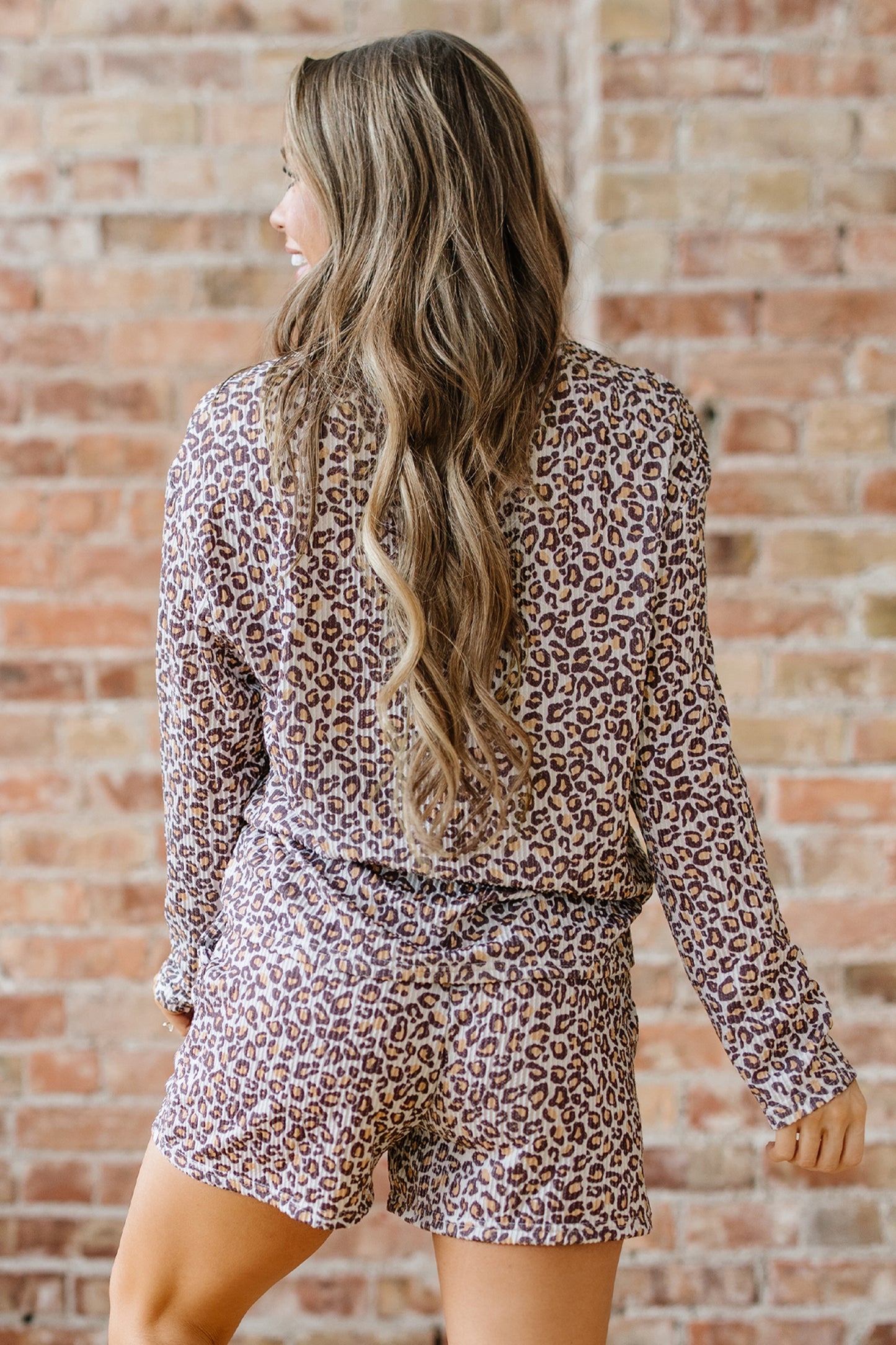 Khaki Leopard Ribbed Long Sleeve Top Drawstring Shorts Set