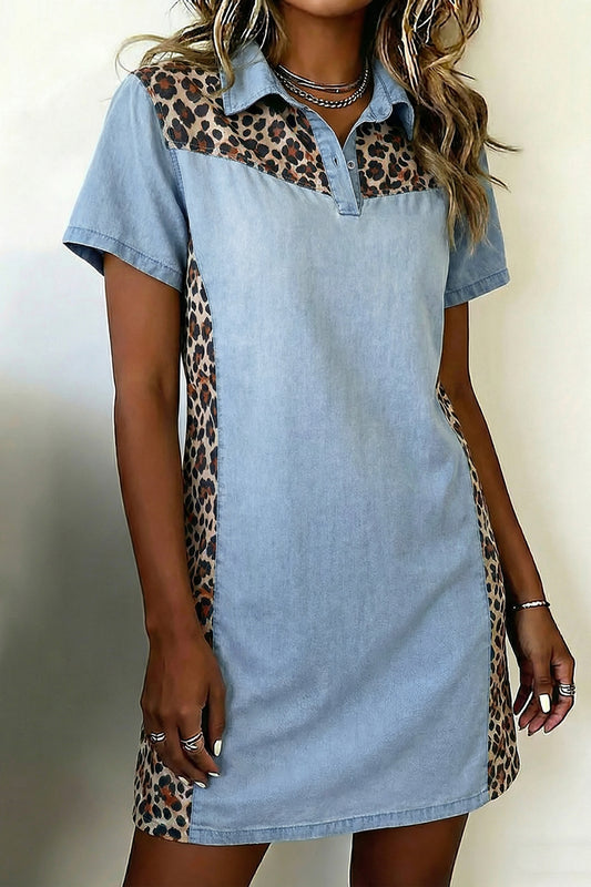 Denim Leopard Patchwork Collared Mini Dress Women S–XL