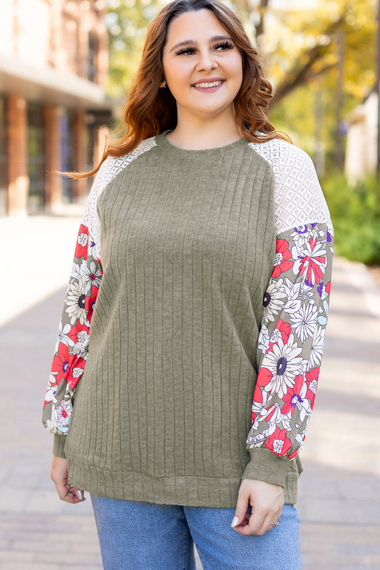 Plus Size Ribbed Floral Sleeve Blouse Women 1X–4X
