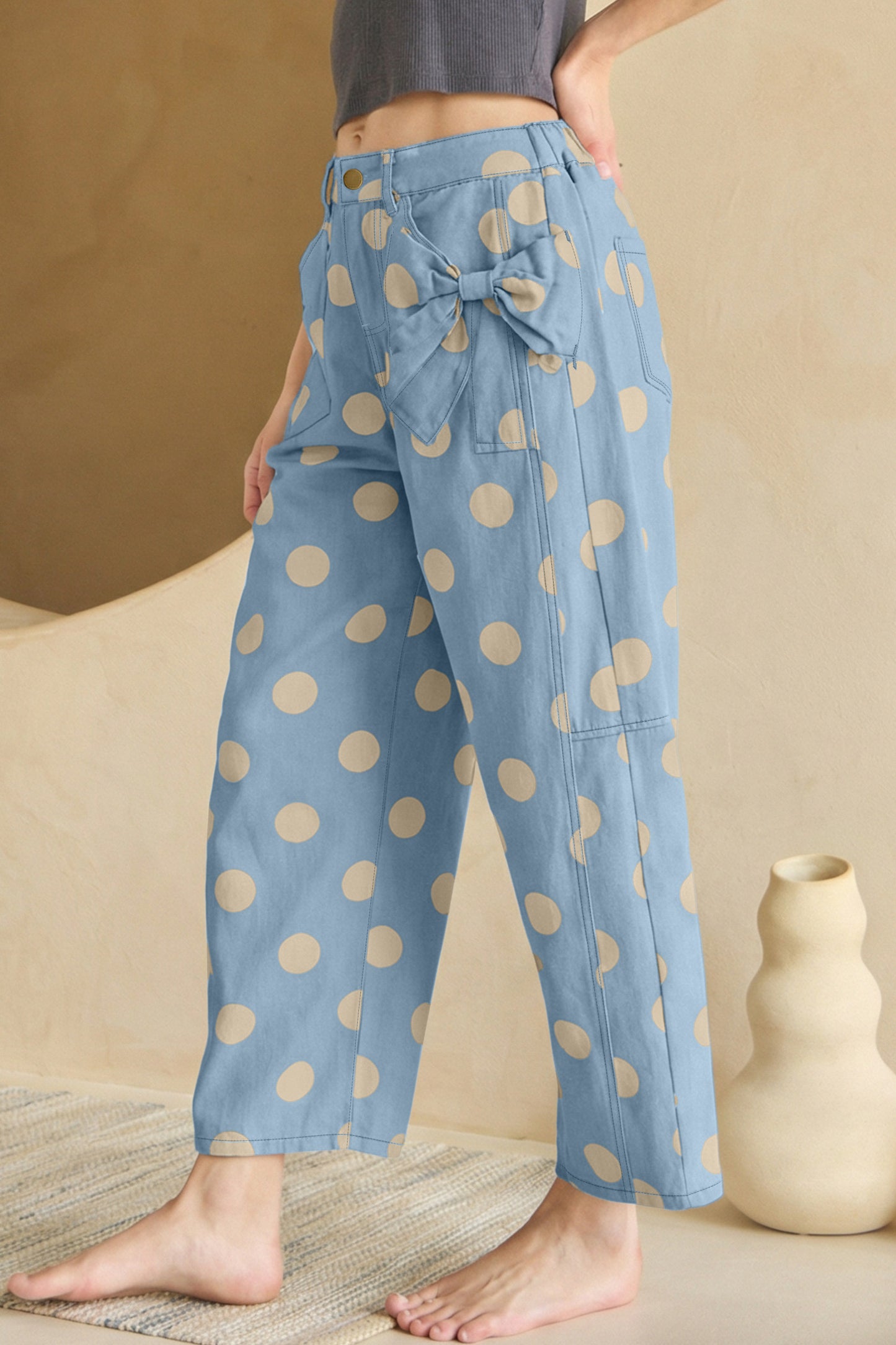 Polka Dot Bow Pocket Jeans Women Light Blue & White Size 4–16